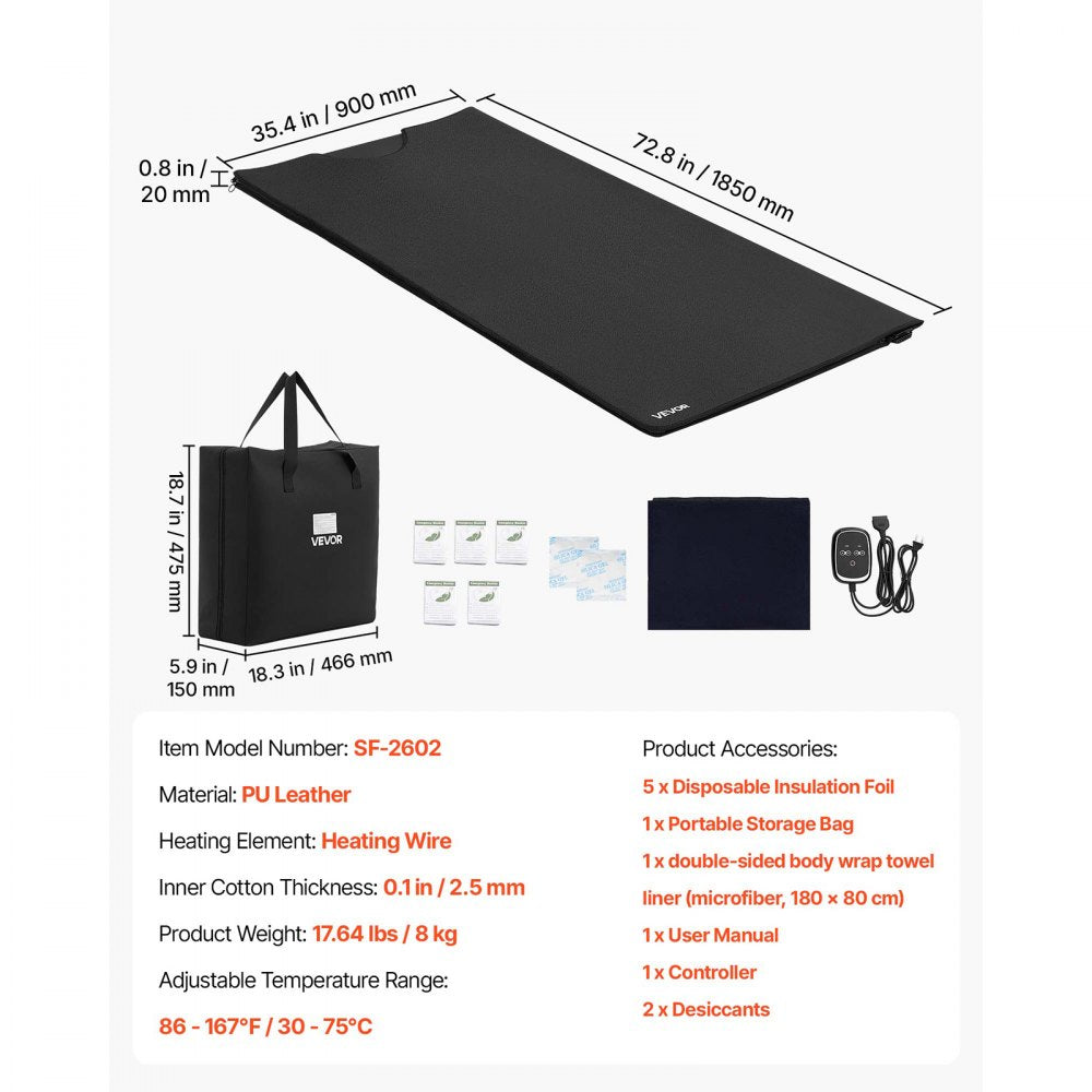 VEVOR Infrared Sauna Blanket 73 x 35 in, Portable PU Leather Sauna Bag, Even Heating for Home Detox & Relaxation, Temp Control & Timer, Full-Body Heating Wrap with Towel Liner, Carry Bag, Black