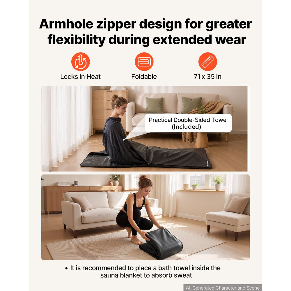 VEVOR Infrared Sauna Blanket with Armholes, 71 x 35 in Portable Sauna Bag, Even Heating for Home Detox & Relaxation, Temp Control & Timer, PU Leather Heating Wrap with Towel Liner, Carry Bag, Black