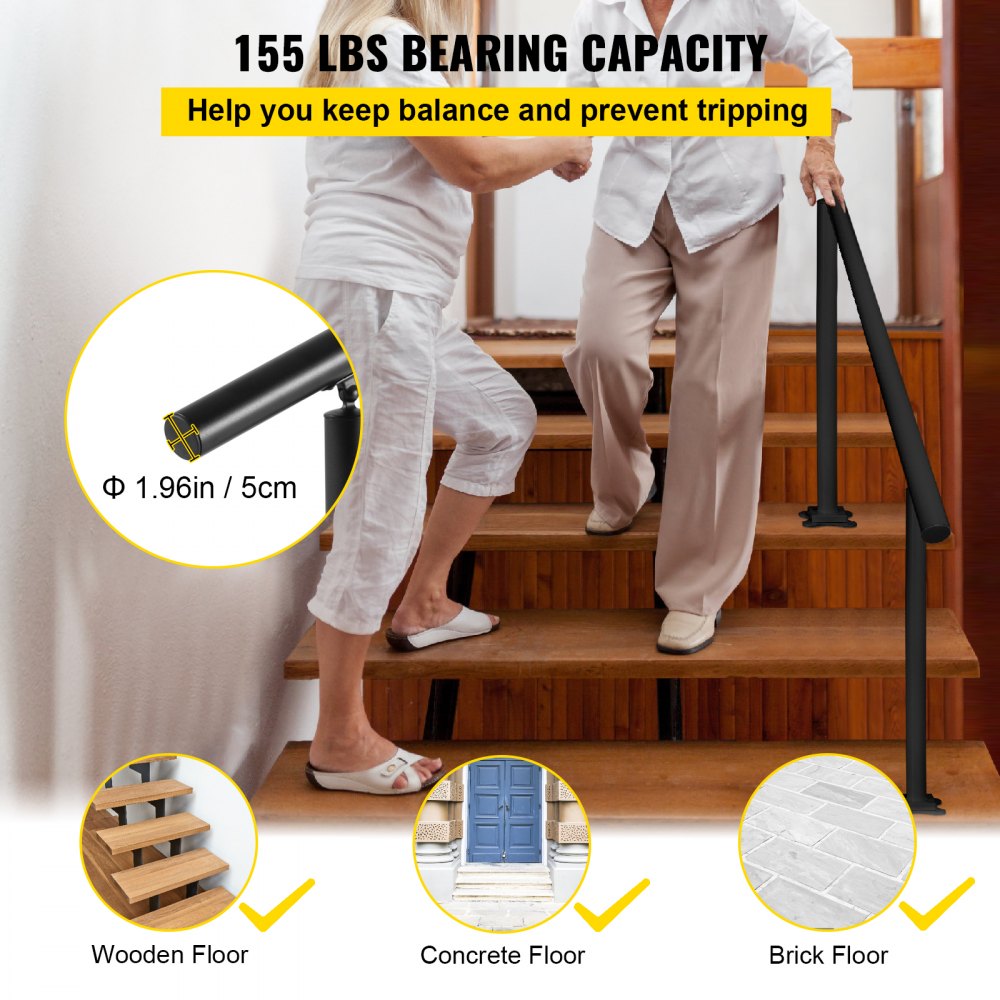 VEVOR Outdoor Stair Railing Kit, 5 FT Handrails 0-5 Steps, Adjustable Angle Black Aluminum Stair Hand Rail for The Elderly, Handrails for Indoor & Outdoor Steps