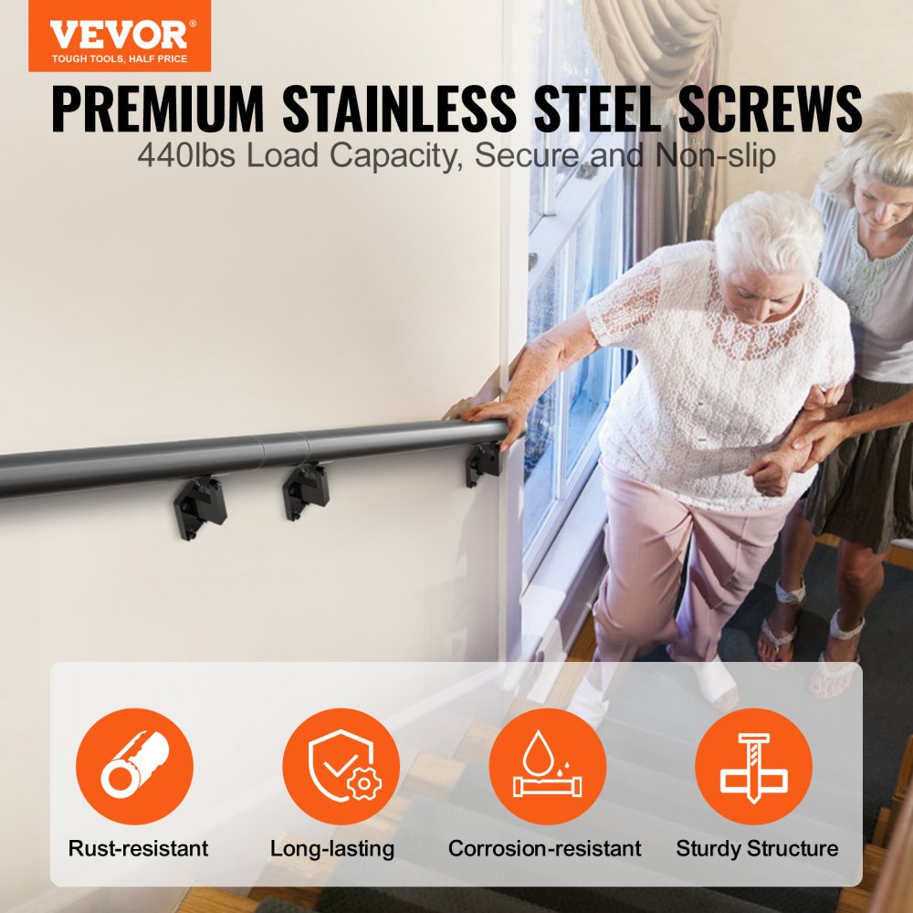 VEVOR Handrail Stair Railing, 12 ft, Wall Mount Handrails for Indoor Stairs, Thickened Aluminum Alloy Hand Rail with Installation Kit, 440 LBS Load Capacity Stairway Railing for Outdoor Stairs