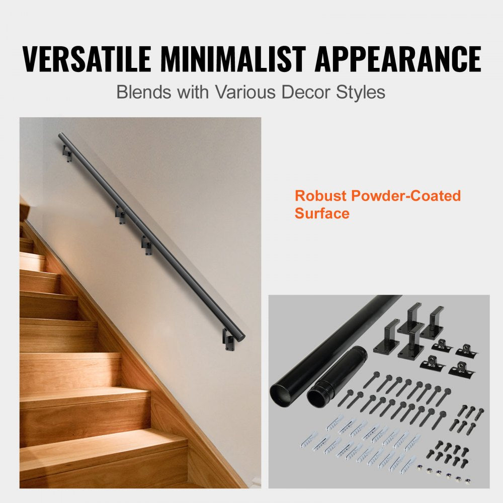 VEVOR Handrail Stair Railing, 12 ft, Wall Mount Handrails for Indoor Stairs, Thickened Aluminum Alloy Hand Rail with Installation Kit, 440 LBS Load Capacity Stairway Railing for Outdoor Stairs