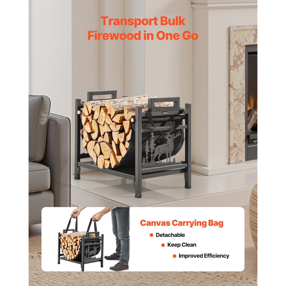 VEVOR Indoor Firewood Rack, 1.5 ft Curved Log Holder with Canvas Carrier, 40lb Weight Capacity Wood Storage Stand, Powder-Coated Steel Firewood Holder, Heavy Duty Wood Pile Stacker Rack for Fireplace