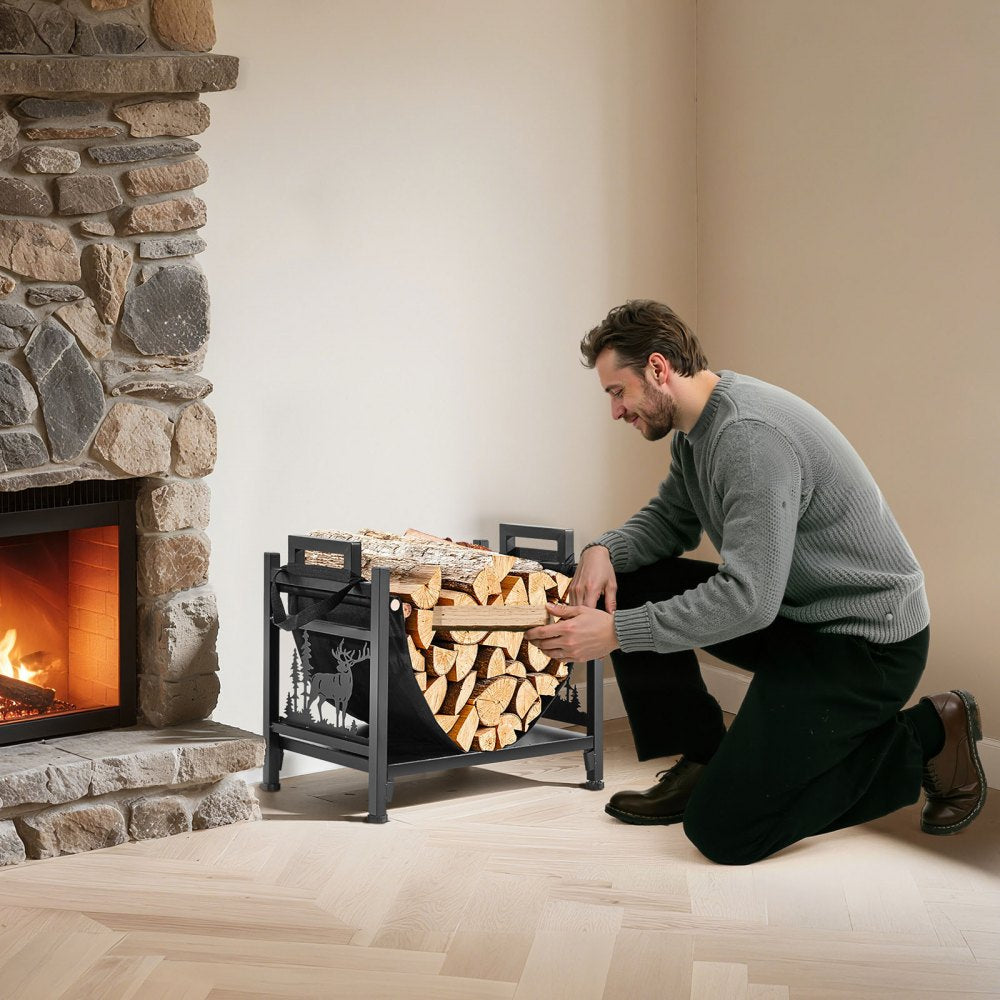 VEVOR Indoor Firewood Rack, 1.5 ft Curved Log Holder with Canvas Carrier, 40lb Weight Capacity Wood Storage Stand, Powder-Coated Steel Firewood Holder, Heavy Duty Wood Pile Stacker Rack for Fireplace