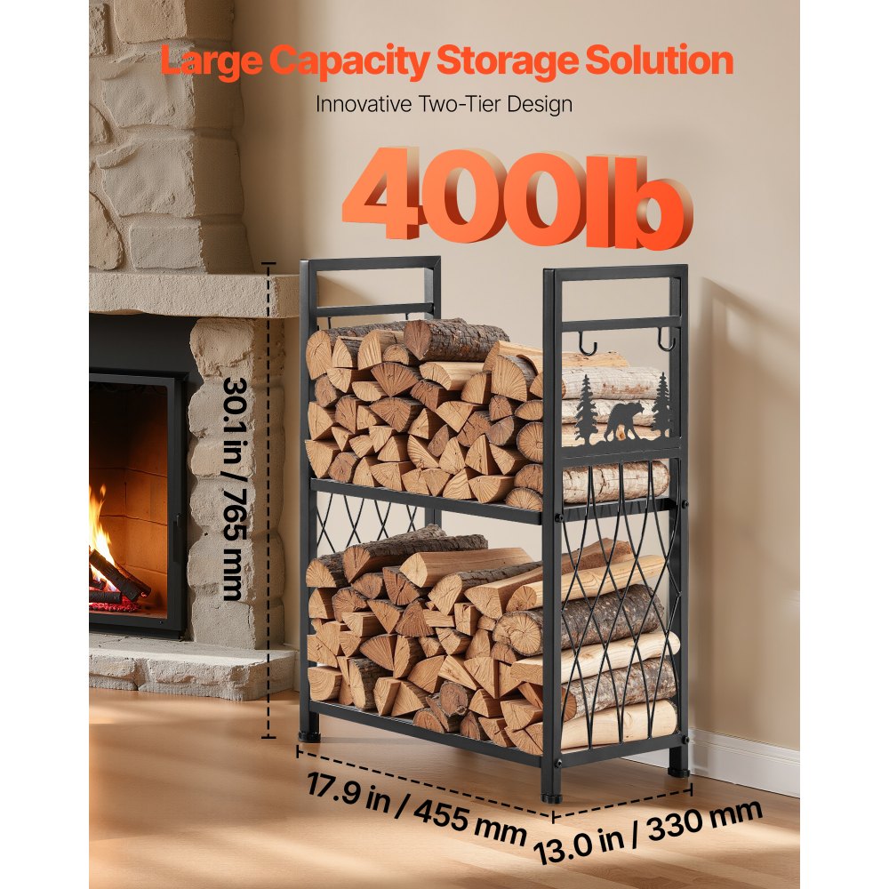 VEVOR Indoor Firewood Rack, 1.3 ft 2-Tier Firewood Holder with Fireplace Tools, Brush, Shovel, Poker, Tongs, Heavy Duty Log Wood Rack, 400 lbs Weight Capacity, Wood Pile Storage Stacker for Fire Pit