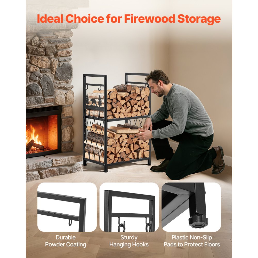 VEVOR Indoor Firewood Rack, 1.3 ft 2-Tier Firewood Holder with Fireplace Tools, Brush, Shovel, Poker, Tongs, Heavy Duty Log Wood Rack, 400 lbs Weight Capacity, Wood Pile Storage Stacker for Fire Pit