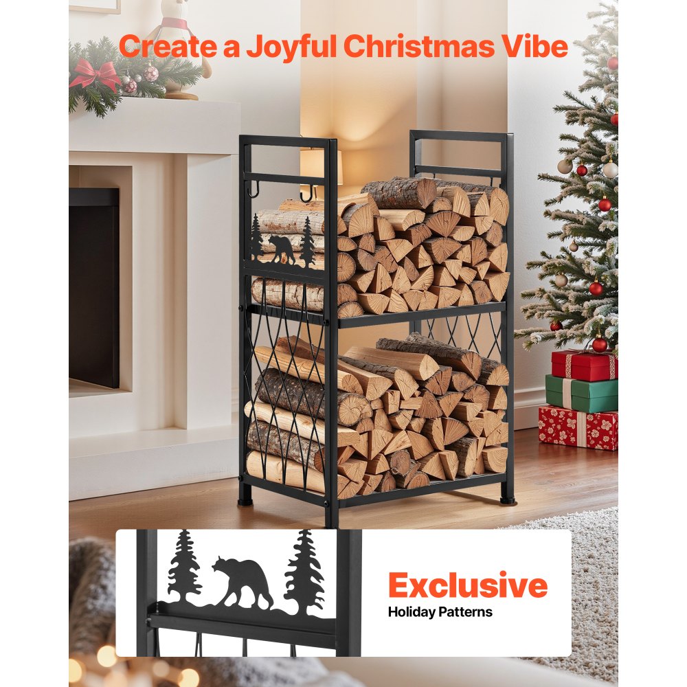 VEVOR Indoor Firewood Rack, 1.3 ft 2-Tier Firewood Holder with Fireplace Tools, Brush, Shovel, Poker, Tongs, Heavy Duty Log Wood Rack, 400 lbs Weight Capacity, Wood Pile Storage Stacker for Fire Pit