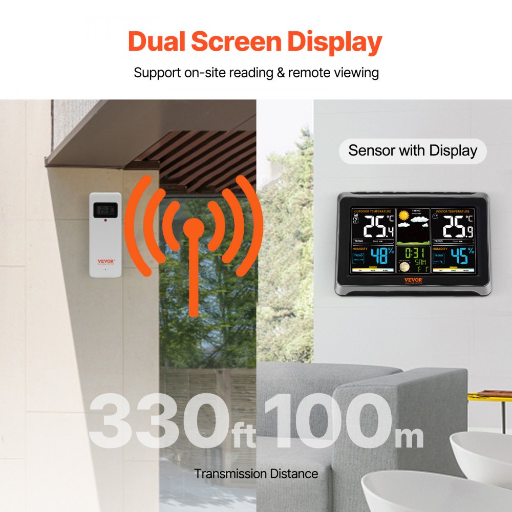 VEVOR Weather Station Indoor Outdoor, 7.5 in Color Display, Wireless Digital Home Weather Station, with Sensor Atomic Clock Adjustable Backlight Forecast Data Calendar Alarm Alert Temperature-NO WIFI