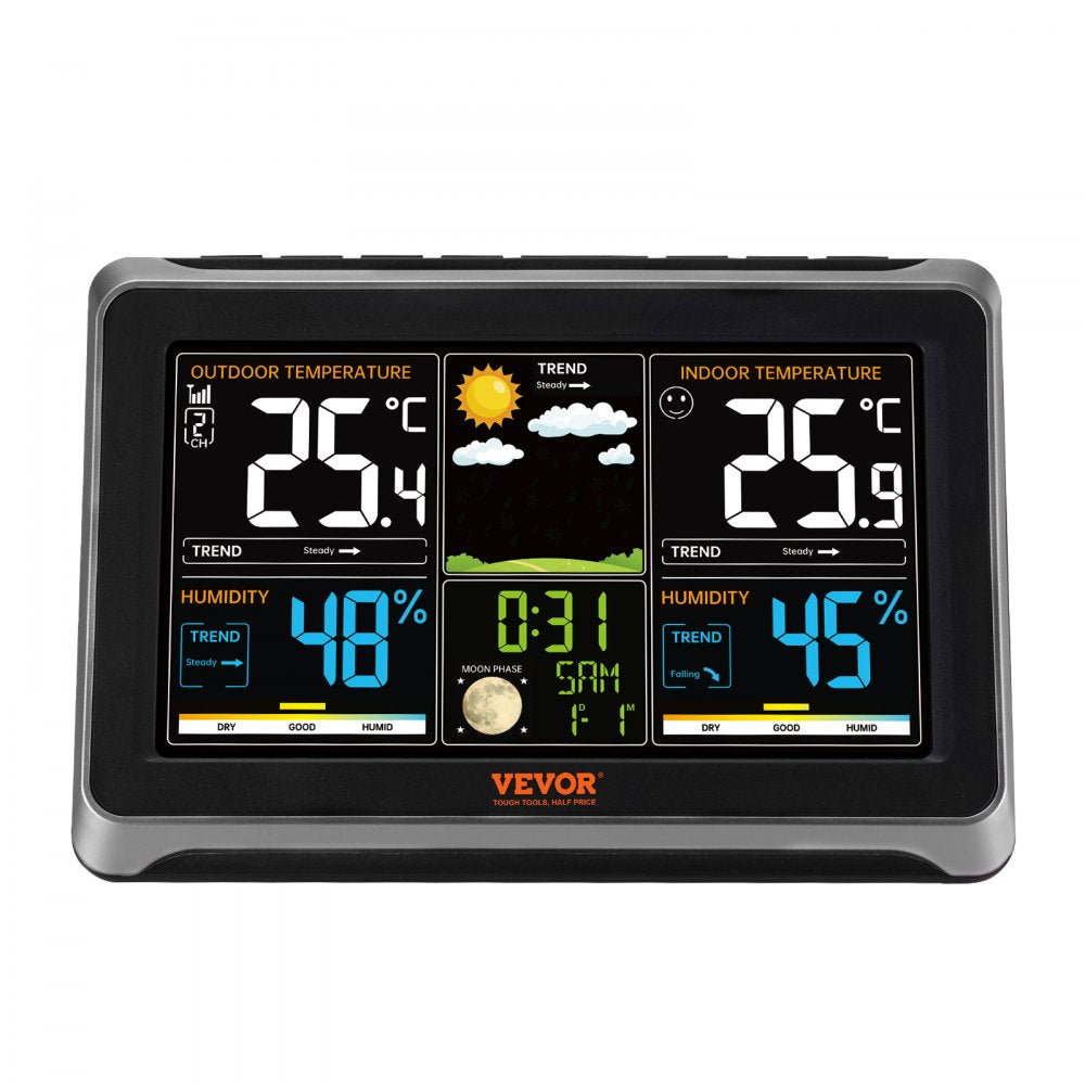VEVOR Weather Station Indoor Outdoor, 7.5 in Color Display, Wireless Digital Home Weather Station, with Sensor Atomic Clock Adjustable Backlight Forecast Data Calendar Alarm Alert Temperature-NO WIFI