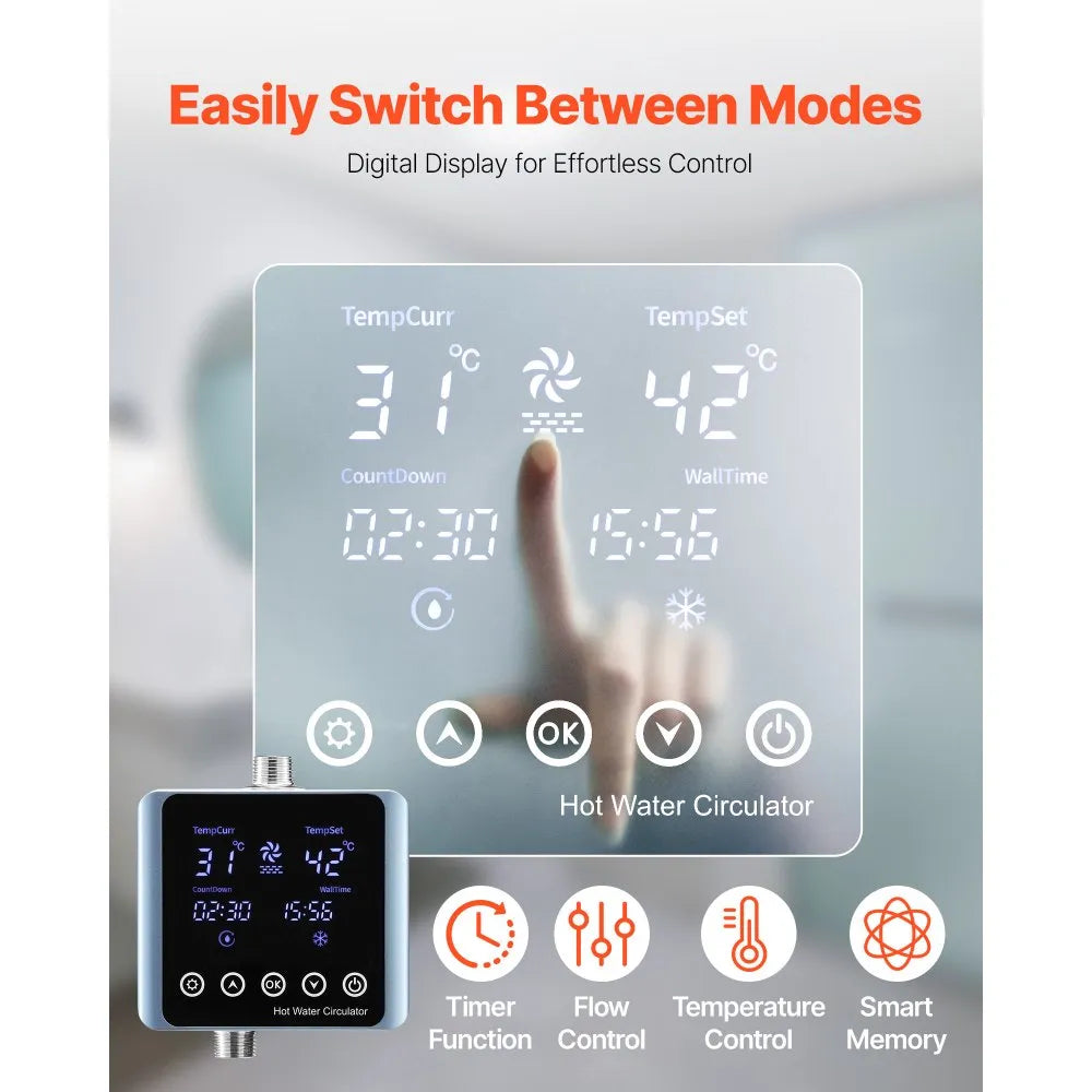 VEVOR Digital Smart Instant Hot Water Recirculating Pump Kit, with Built-in Thermostat, Timer, Digital Screen, Under Sink Recirculation Circulation Circulator Pump System, for House Water Heaters