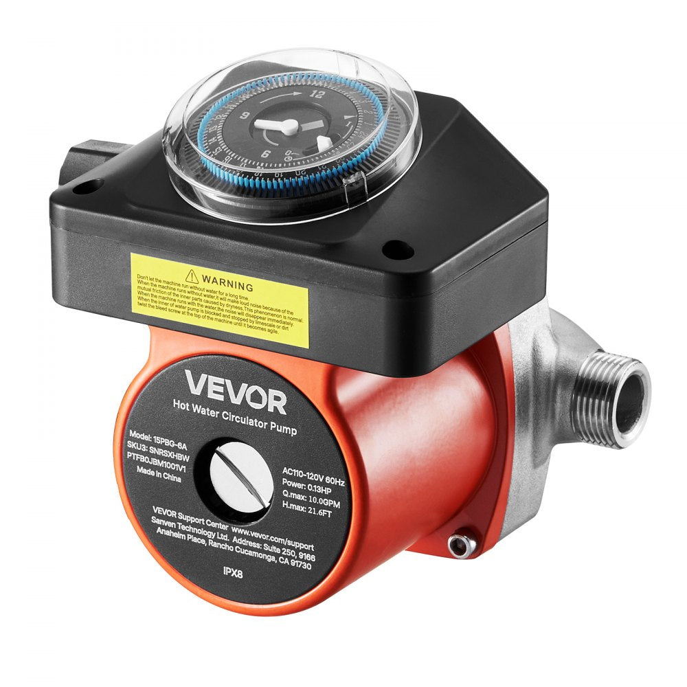 VEVOR Hot Water Recirculating Pump, with Bypass Valve, Instant Recirculation Pump Kit with Timer, Adapter, Circulation Circulator System, Stainless Steel Head, 0.13 HP 110-120V, for Tank Water Heaters