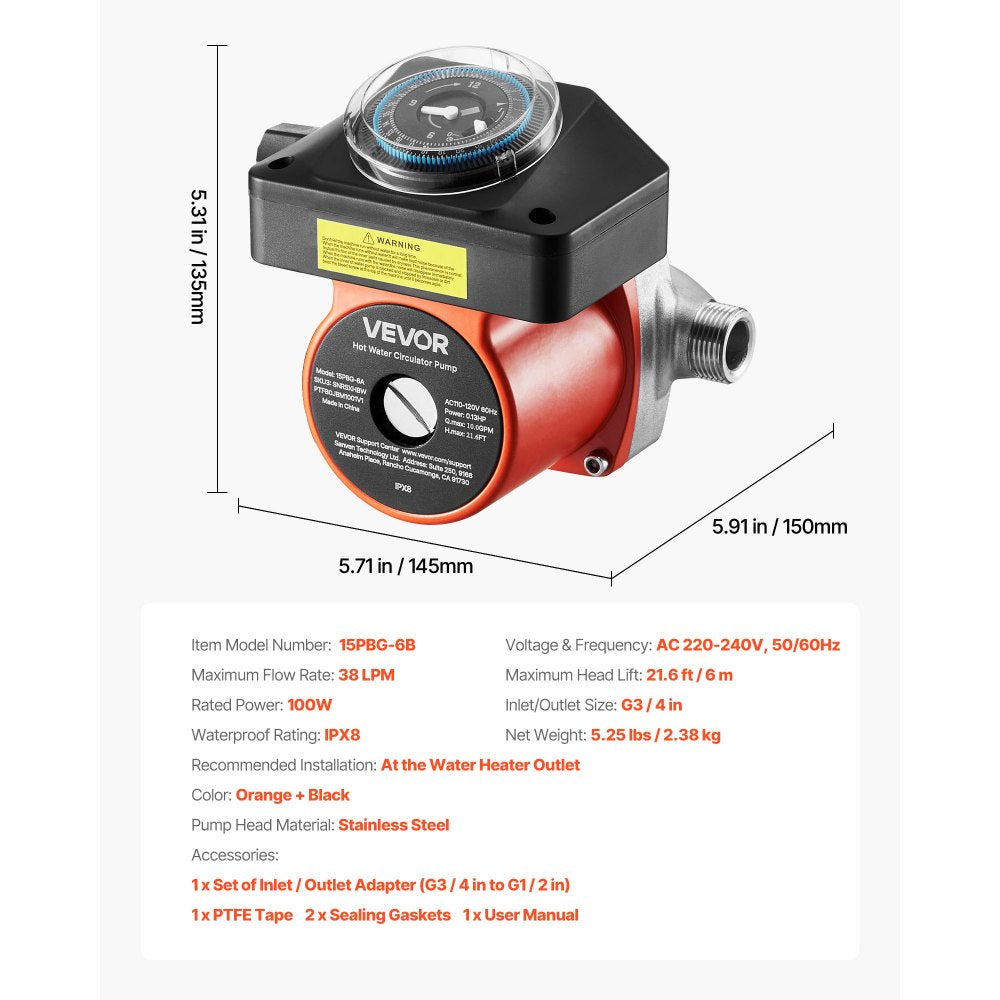 VEVOR Hot Water Recirculating Pump, with Timer, 10 GPM Instant Recirculation Pump Kit, Circulation Circulator System, 0.13 HP AC 110-120V, NPT 3/4 in to NPT 1/2 in Connector, for Solar Water Heater