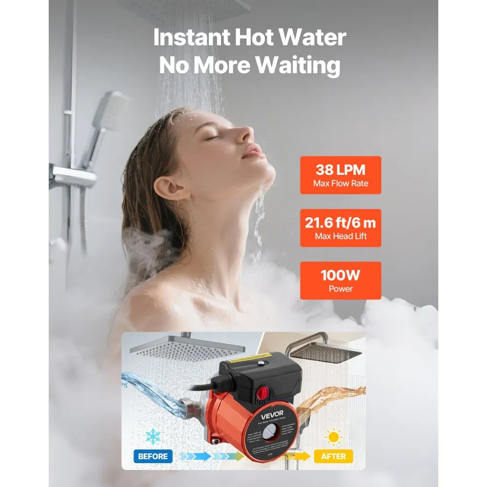VEVOR Hot Water Recirculating Pump, 10 GPM, Instant Circulation Circulator Pump System, 3-Speed Control, 0.13 HP, 110-120V, NPT 3/4 in to NPT 1/2 in Adapter, Stainless Steel Head, for Water Heaters