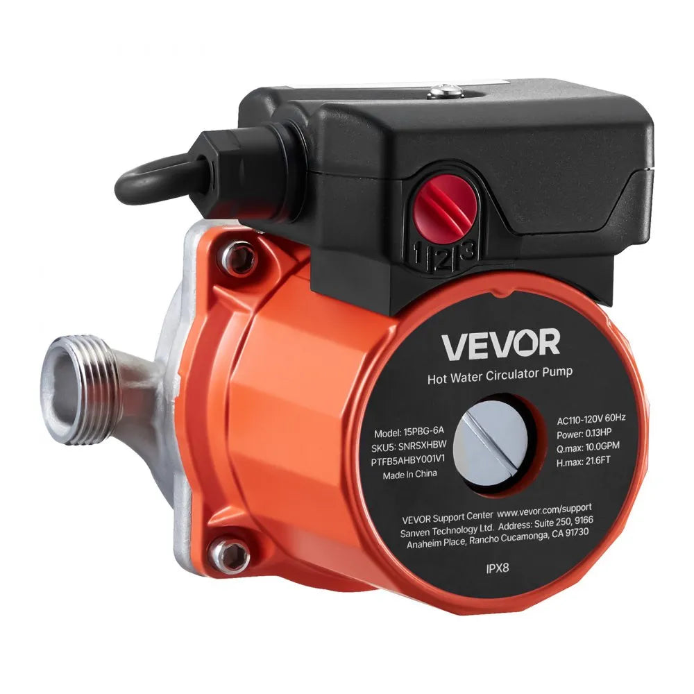 VEVOR Hot Water Recirculating Pump, 10 GPM, Instant Circulation Circulator Pump System, 3-Speed Control, 0.13 HP, 110-120V, NPT 3/4 in to NPT 1/2 in Adapter, Stainless Steel Head, for Water Heaters