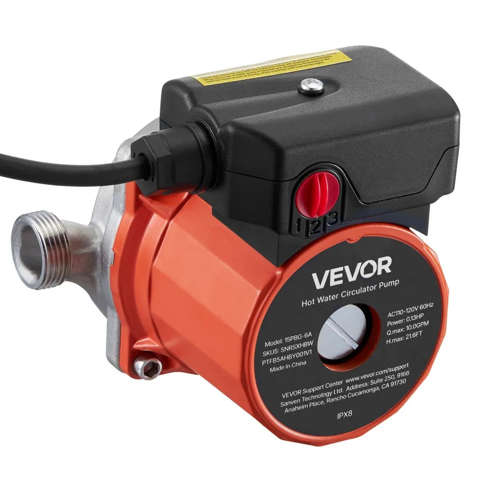 VEVOR Hot Water Recirculating Pump, 10 GPM, Instant Circulation Circulator Pump System, 3-Speed Control, 0.13 HP, 110-120V, NPT 3/4 in to NPT 1/2 in Adapter, Stainless Steel Head, for Water Heaters