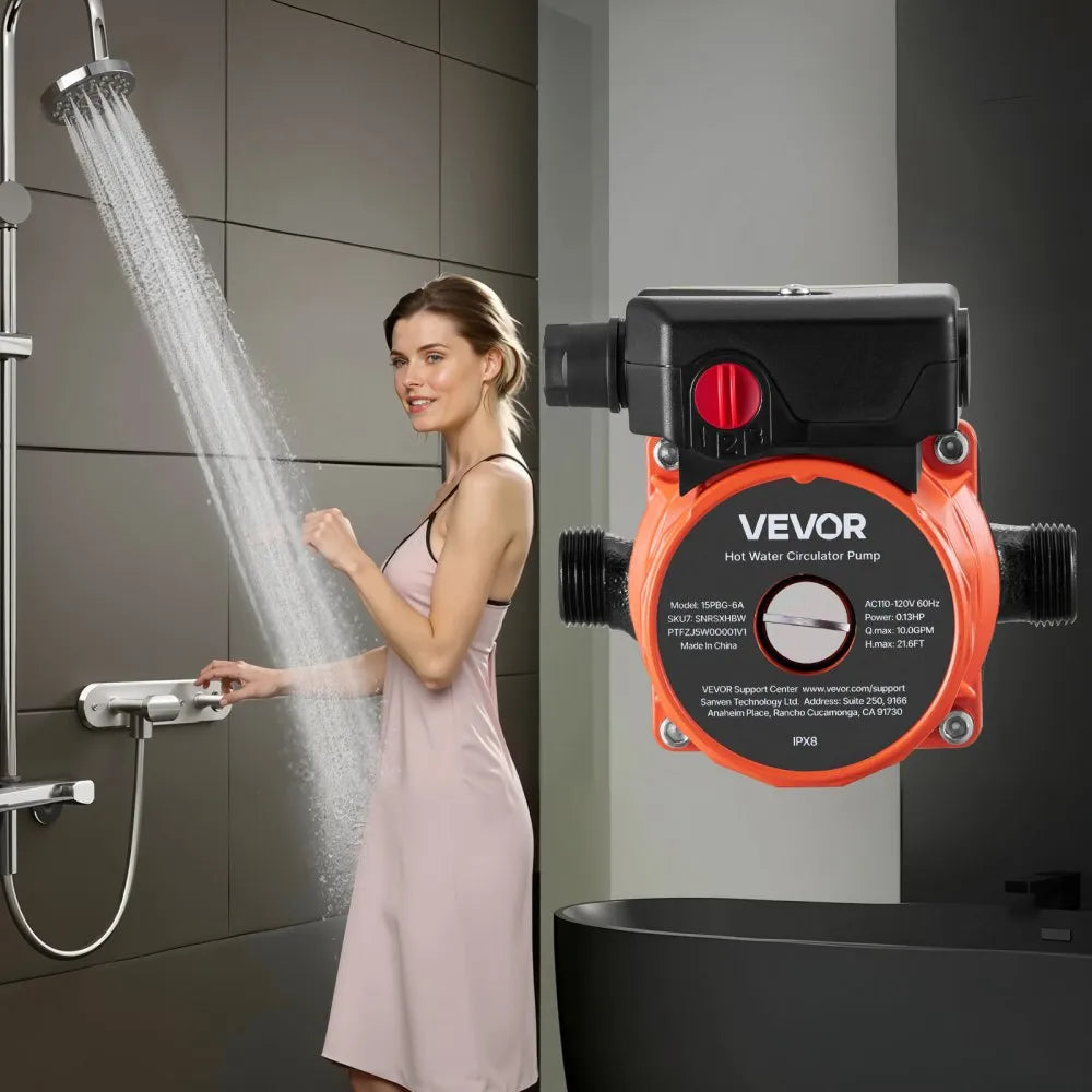 VEVOR Hot Water Recirculating Pump, 10 GPM, Instant Circulation Circulator Pump System, 3-Speed Control, 0.13 HP, 110-120V, NPT 3/4 in to NPT 1/2 in Adapter, Cast Iron Head, for Water Heater System