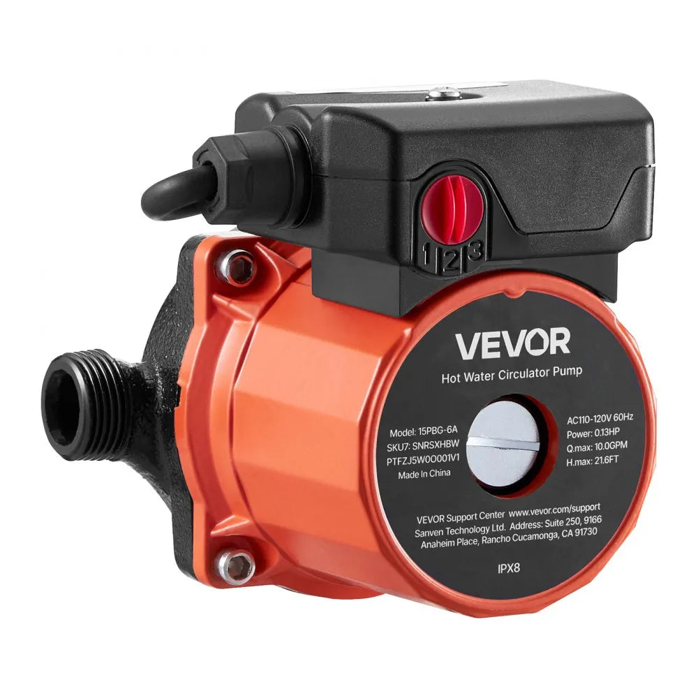 VEVOR Hot Water Recirculating Pump, 10 GPM, Instant Circulation Circulator Pump System, 3-Speed Control, 0.13 HP, 110-120V, NPT 3/4 in to NPT 1/2 in Adapter, Cast Iron Head, for Water Heater System