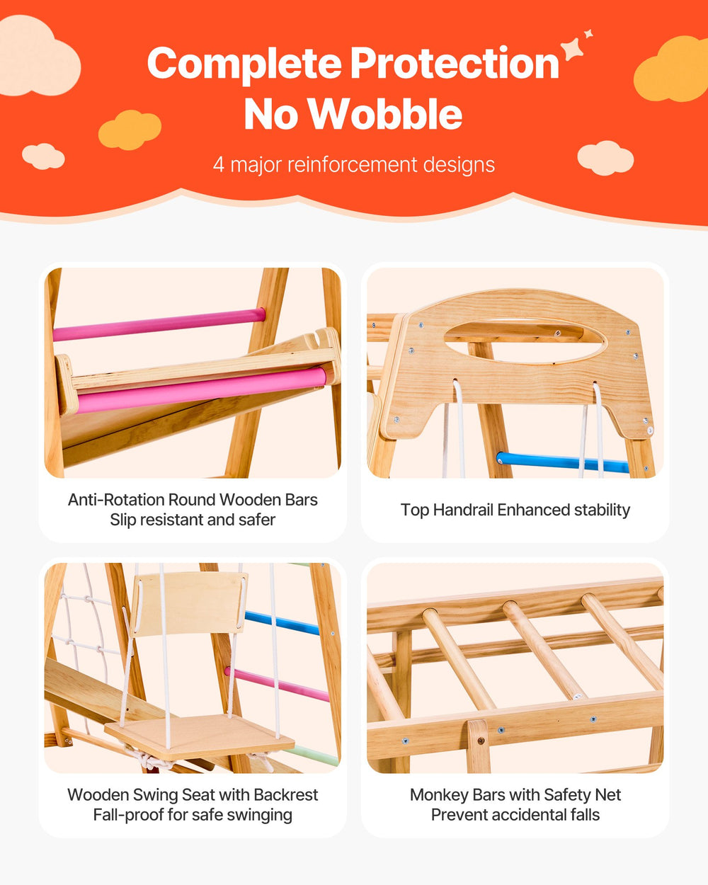 Complete protection no wobble feature infographic showing anti-rotation bars handrail swing seat and safety net