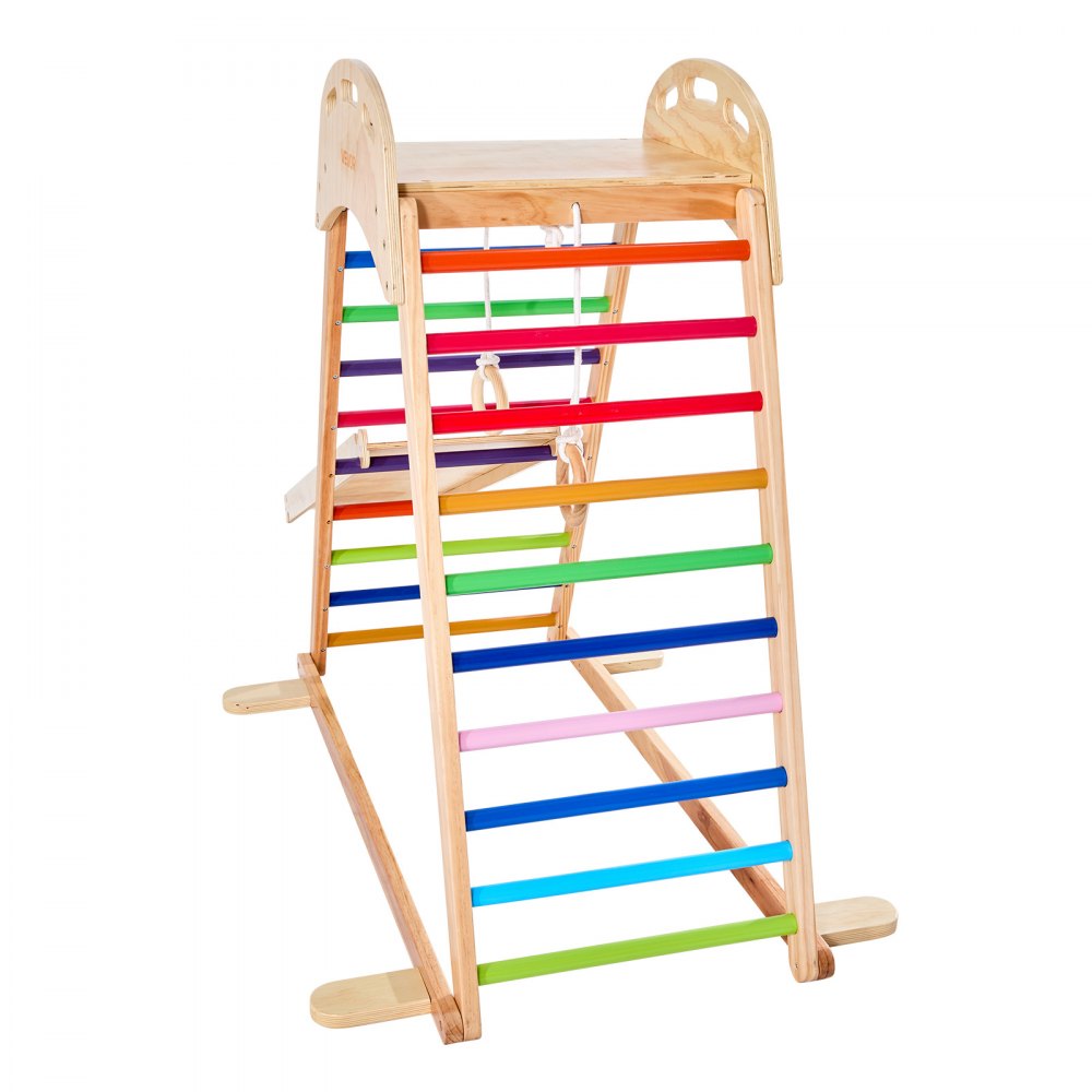 VEVOR Indoor Playground Jungle Gym, 4-in-1 Wooden Indoor Playground Playset with Climbing Rock, Slide, Wooden Ladder & Gym Rings, Montessori Style Playground Climbing Toys for Boys Girls, 220LBS