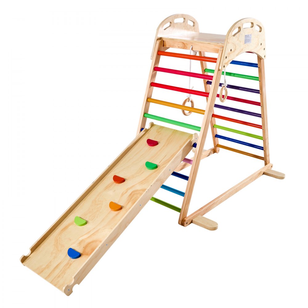 VEVOR Indoor Playground Jungle Gym, 4-in-1 Wooden Indoor Playground Playset with Climbing Rock, Slide, Wooden Ladder & Gym Rings, Montessori Style Playground Climbing Toys for Boys Girls, 220LBS