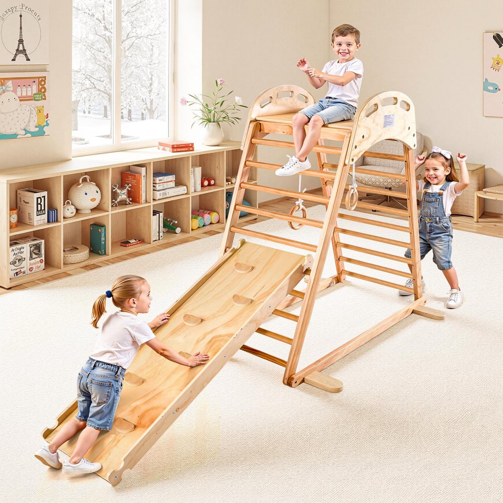 VEVOR Indoor Playground Jungle Gym, 4-in-1 Wooden Indoor Playground Climbing Toys for Kids, Montessori Toddlers Climber Playset with Climbing Rock, Slide, Wooden Ladder & Gym Rings, 220LBS Loading