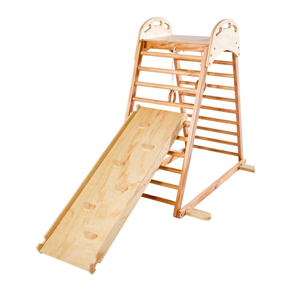 VEVOR Indoor Playground Jungle Gym, 4-in-1 Wooden Indoor Playground Climbing Toys for Kids, Montessori Toddlers Climber Playset with Climbing Rock, Slide, Wooden Ladder & Gym Rings, 220LBS Loading