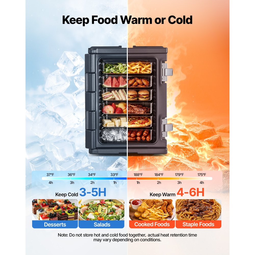 VEVOR Insulated Food Pan Carrier, 95 Qt Non-Electrical Food Warmer, with Wheel & 304 Stainless Steel Latch, LLDPE Stackable Hot Box, for Various Pan Sizes(NOT Included), Fit Catering BBQ Event(Black)