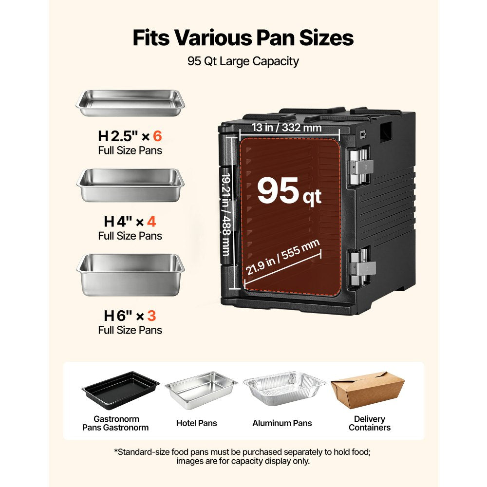 VEVOR Insulated Food Pan Carrier, 95 Qt Non-Electrical Food Warmer, with Wheel & 304 Stainless Steel Latch, LLDPE Stackable Hot Box, for Various Pan Sizes(NOT Included), Fit Catering BBQ Event(Black)