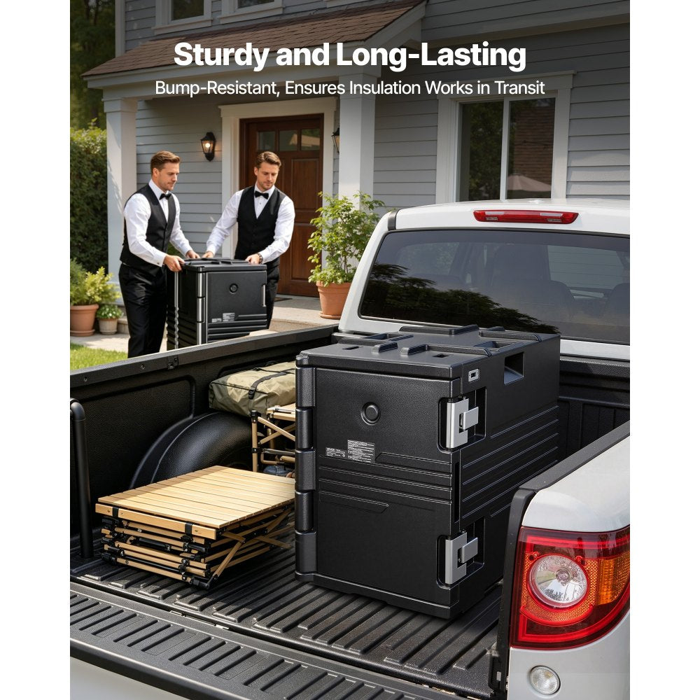 VEVOR Insulated Food Pan Carrier, 95 Qt Non-Electrical Food Warmer, with Wheel & 304 Stainless Steel Latch, LLDPE Stackable Hot Box, for Various Pan Sizes(NOT Included), Fit Catering BBQ Event(Black)