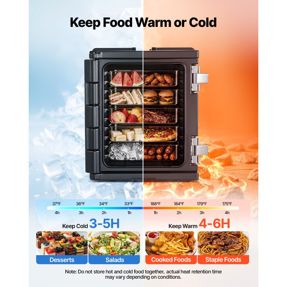 VEVOR Insulated Food Pan Carrier, 82 Qt Non-Electrical Food Warmer, with Wheel & 304 Stainless Steel Latch, LLDPE Stackable Hot Box, for Various Pan Sizes(NOT Included), Fit Catering BBQ Event(Black)