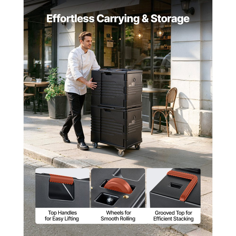 VEVOR Insulated Food Pan Carrier, 82 Qt Non-Electrical Food Warmer, with Wheel & 304 Stainless Steel Latch, LLDPE Stackable Hot Box, for Various Pan Sizes(NOT Included), Fit Catering BBQ Event(Black)