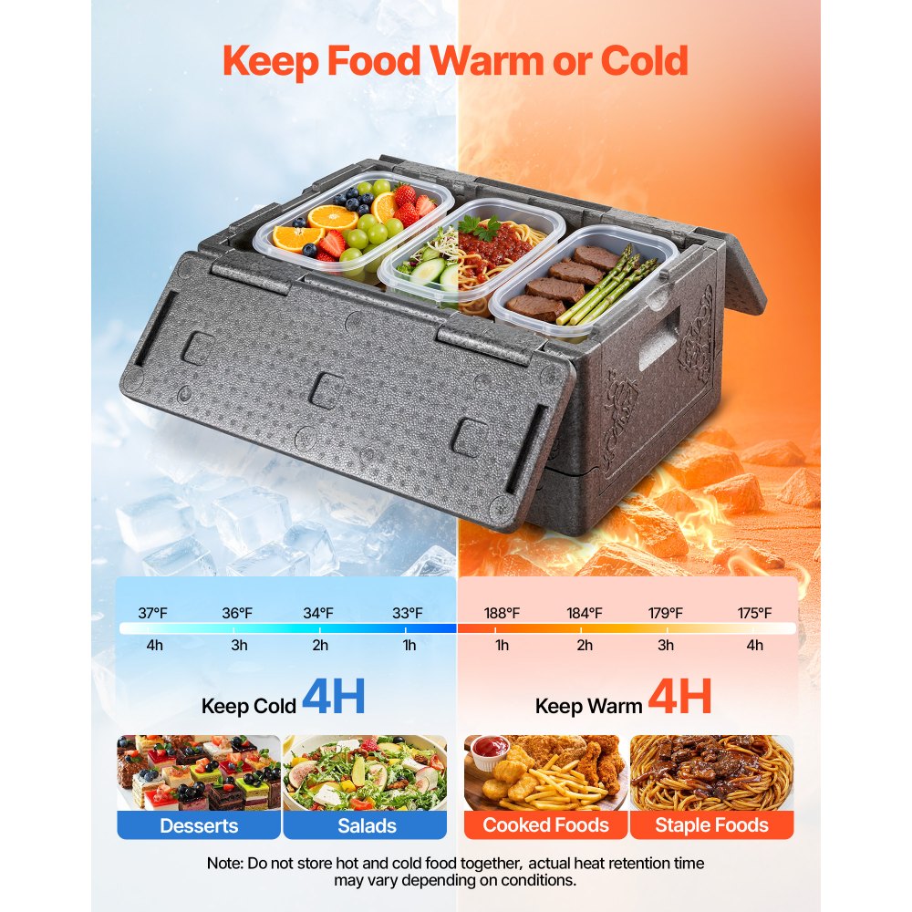 VEVOR Collapsible Insulated Food Warmer, 40 Qt Non-Electrical Thermal Carrier, Lightweight and High-rigidity EPP Hot Box, for Delivery, Transport, Catering BBQ Event, Keeps Warm/Cold 4 Hours (Gray)