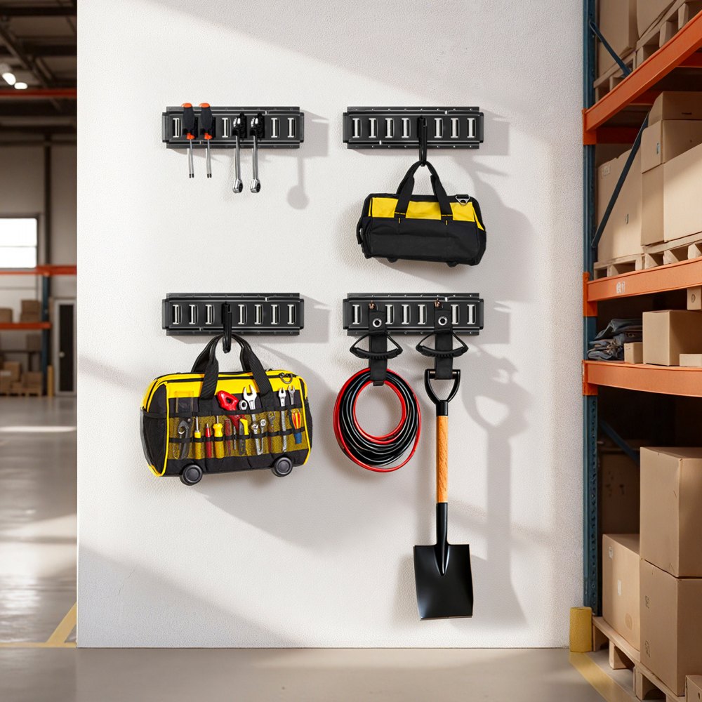 VEVOR E-Track Tie-Down Rail Kit, 4 Pack 1.3 ft E Track Rails, 2 U-Shaped Hooks, 2 Tool Holders, 2 Track Shelf Brackets, 2 Tire Holders, 2 Cable Storage Rings, 8 End Caps & 1 Bag, Fit for Vans Trailers
