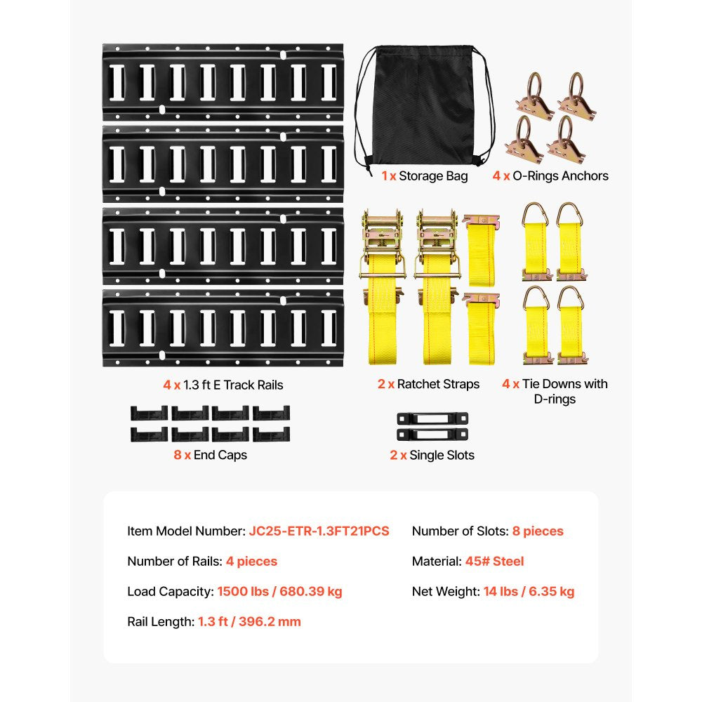 VEVOR E-Track Tie-Down Rail Kit, 4 Pack 1.3 ft E Tracks Set, 21 Pcs Includes 2 Ratchet Straps & 4 O-Rings & 4 Tie-Offs with D-Ring & 2 Single Slots & 8 End Caps & 1 Bag, Fit for Garages Vans Trailers