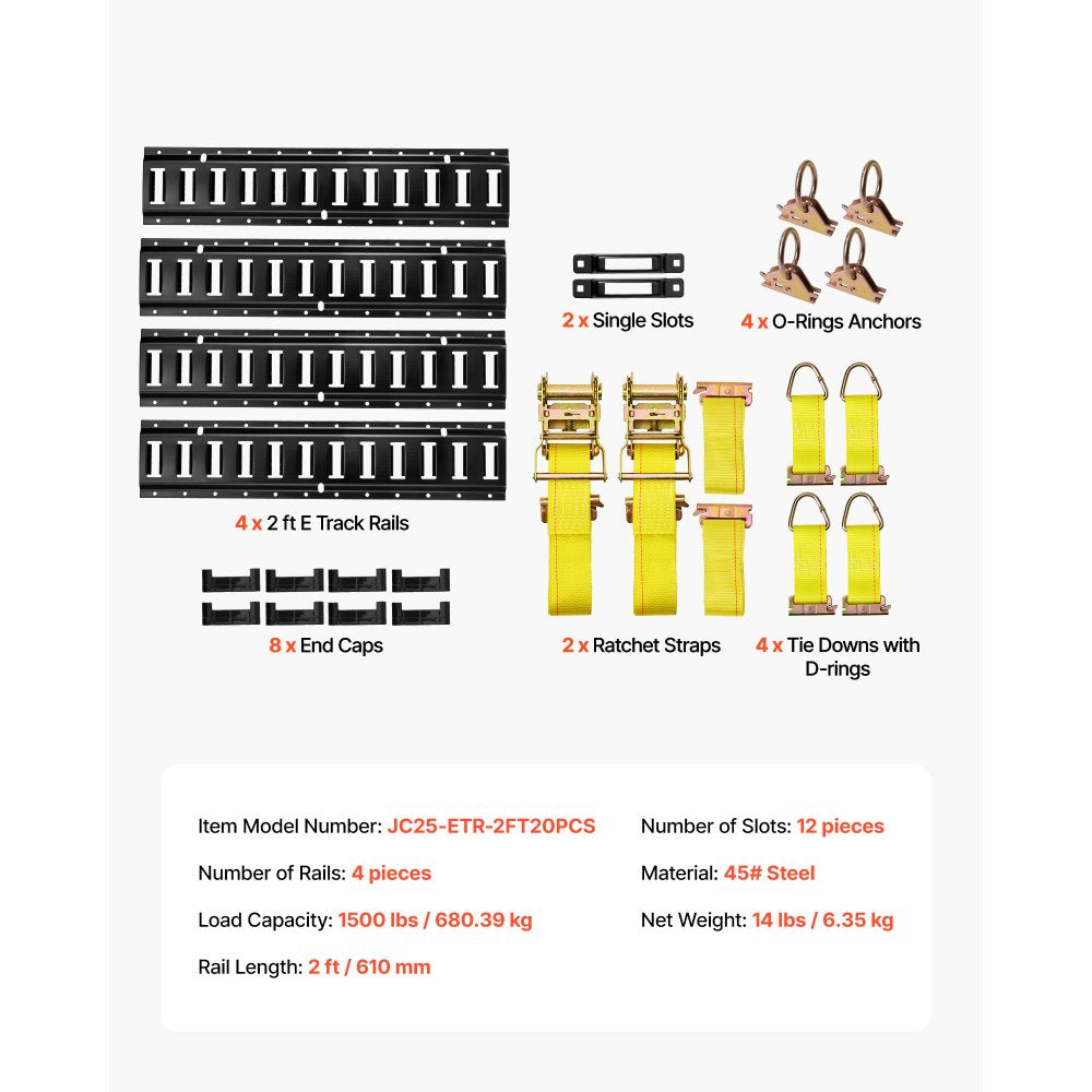 VEVOR E-Track Tie-Down Rail Kit, 4 Pack 2 ft E Track Rails, 20 Pcs Includes 2 Ratchet Straps & 4 O-Rings & 4 Tie-Offs with D-Ring & 2 Single Slots & 8 End Caps, Fit for Garages Vans Trailers