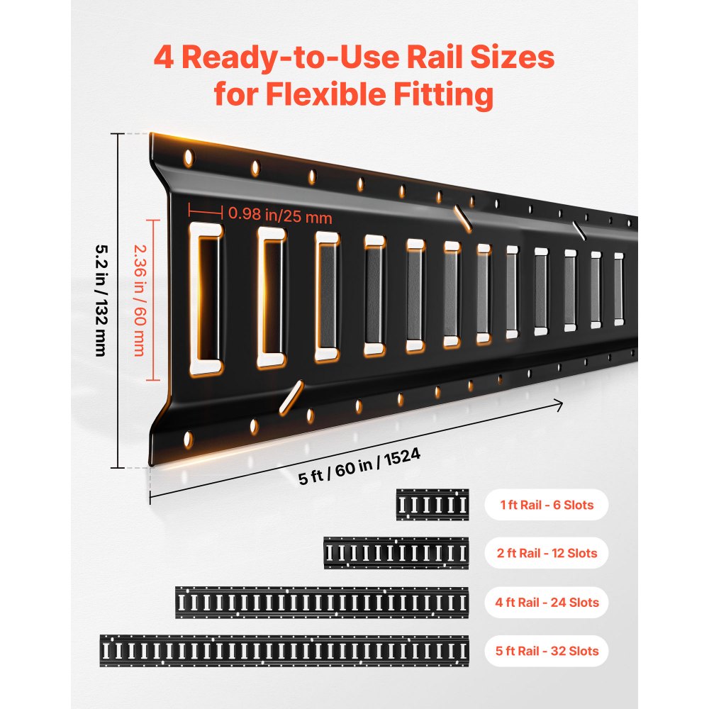 VEVOR E-Track Tie-Down Rail Kit, 8 Pack (5ft+4ft+2ft+1ft) E Track Rails, 36 Pcs Includes 2 Ratchet Straps & 8 O-Rings & 8 Tie-Offs with D-Ring & 2 Single Slots & 16 End Caps, Fit for Vans Trailers