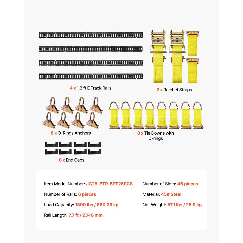 VEVOR E-Track Tie-Down Rail Kit, 4 Pack 7.7 ft E Track Rails, 26 Pcs Includes 2 Ratchet Straps & 8 O-Rings & 8 Tie-Offs with D-Ring & 8 End Caps, Fit for Garages Vans Trailers Motorcycles