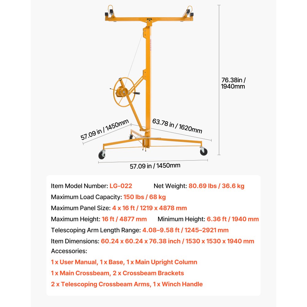 VEVOR 16ft Drywall Lift, Heavy-Duty 150 lbs Sheetrock Hoist with Adjustable Telescoping Arm, Lockable Wheels, Drywall Lifter Panel Jack Hoist Tools Ideal for Ceiling & Wall Installation (Yellow)