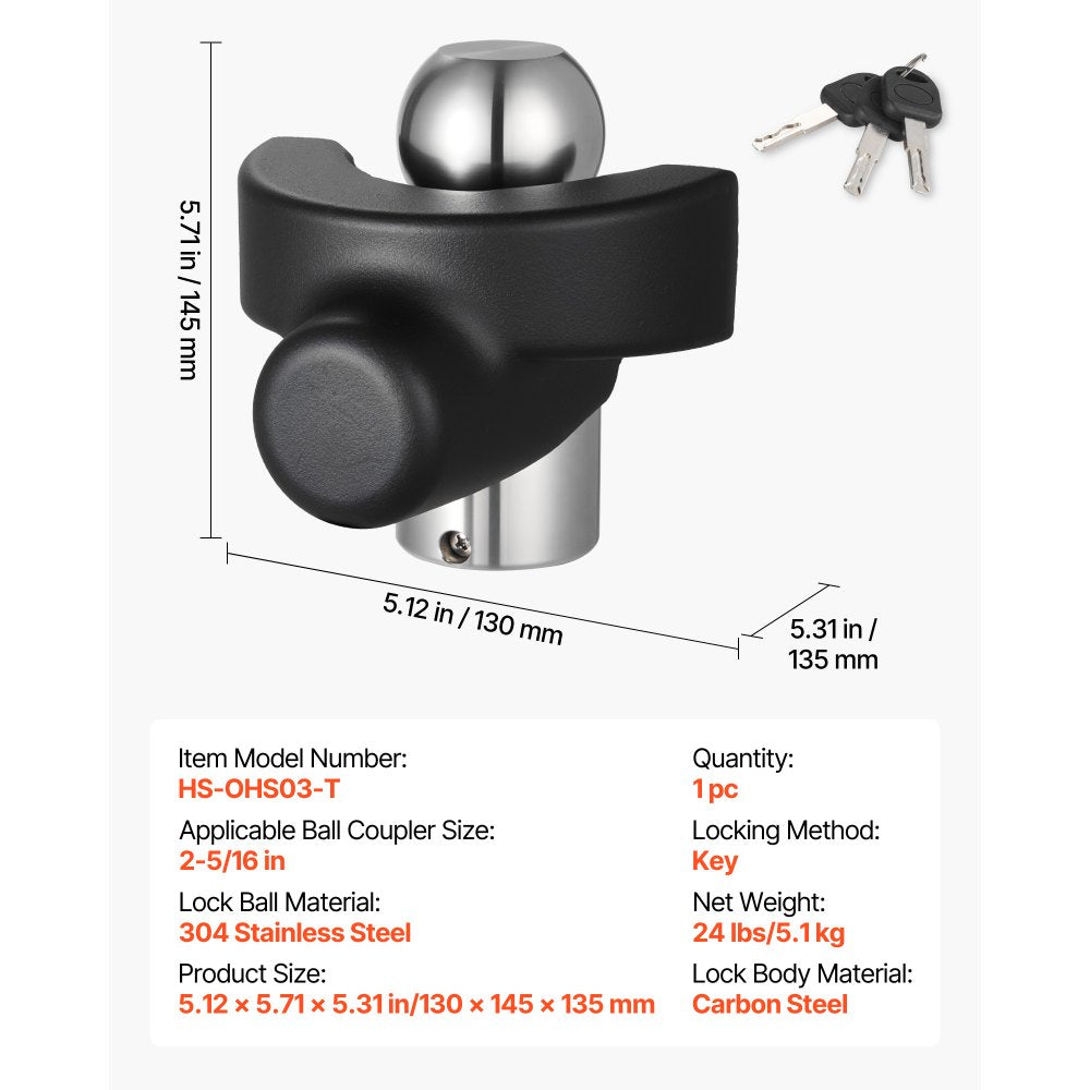 VEVOR Trailer Hitch Lock, Compatible with 2-5/16 in Couplers, Heavy-Duty Anti-Theft Trailer Ball Lock with 3 Keys, Prying-Resistant & Impact-Resistant, Fits for RVs, Boats, Off-Road Vehicles, Trailers