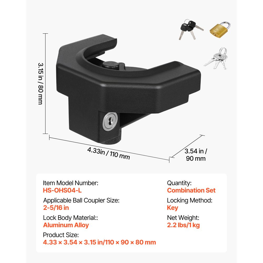 VEVOR Trailer Hitch Lock Kit, Compatible with 2-5/16 in Couplers, Heavy-Duty Anti-Theft Trailer Ball Lock with 3 Keys & Padlock, Prying-Resistant & Impact-Resistant, Fits for RVs, Boats, Trailers