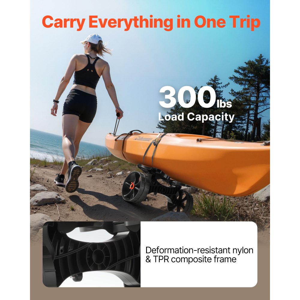 VEVOR Kayak Cart, 300 lbs Load Capacity, Foldable Kayak Trolley with 10-inch Solid Rubber Tires & 1 Ratchet Strap, Paddle Board Trolley for Carrying Kayaks, Canoes, Paddleboards, Float Mats, Jon Boats