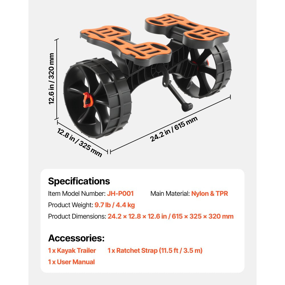 VEVOR Kayak Cart, 300 lbs Load Capacity, Foldable Kayak Trolley with 10-inch Solid Rubber Tires & 1 Ratchet Strap, Paddle Board Trolley for Carrying Kayaks, Canoes, Paddleboards, Float Mats, Jon Boats