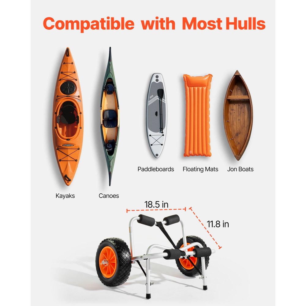 VEVOR Kayak Cart, 250 lbs Load Capacity, Foldable Kayak Trolley with 10-inch Solid Rubber Tires & 1 Ratchet Strap, Paddle Board Trolley for Carrying Kayaks, Canoes, Paddleboards, Float Mats, Jon Boats