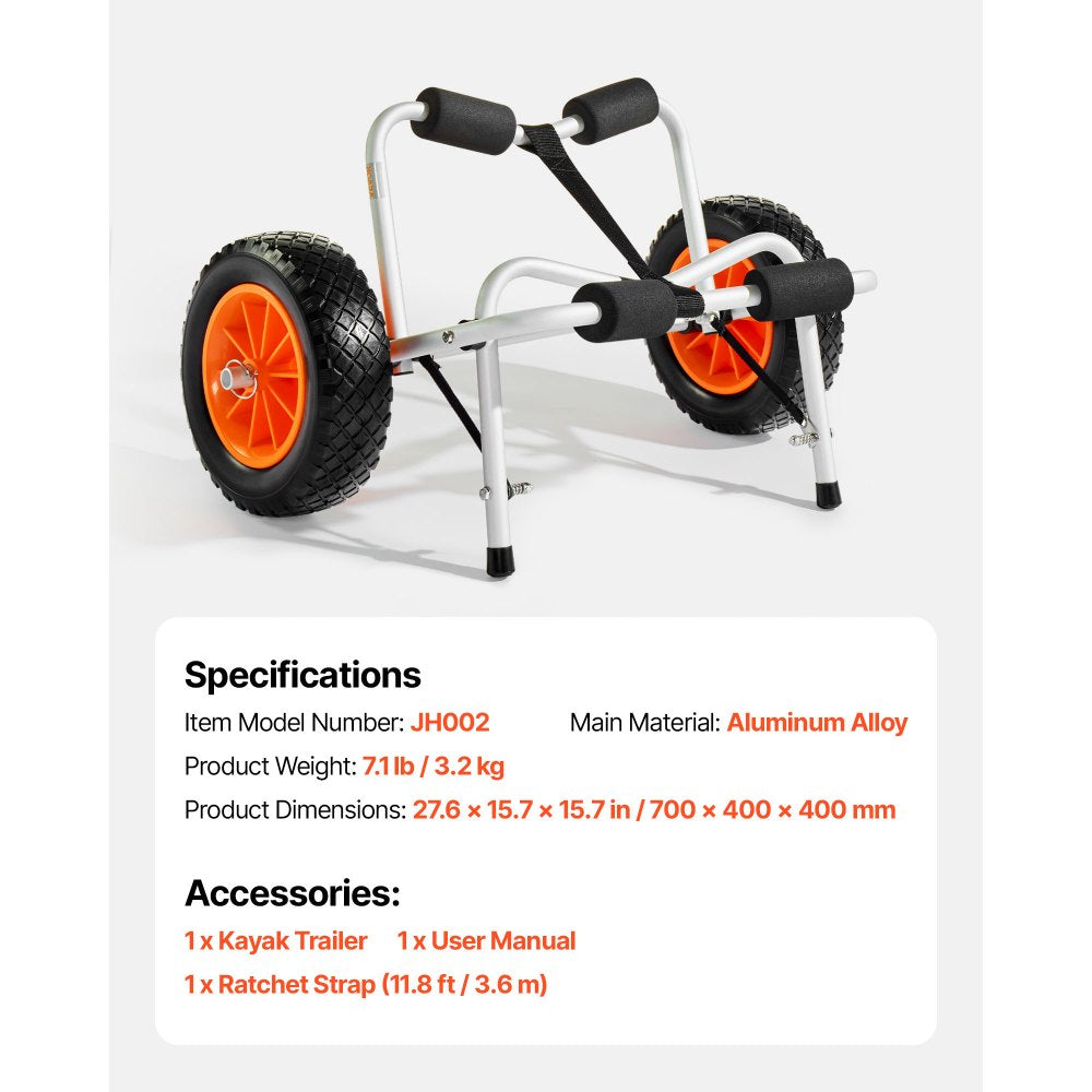 VEVOR Kayak Cart, 250 lbs Load Capacity, Foldable Kayak Trolley with 10-inch Solid Rubber Tires & 1 Ratchet Strap, Paddle Board Trolley for Carrying Kayaks, Canoes, Paddleboards, Float Mats, Jon Boats