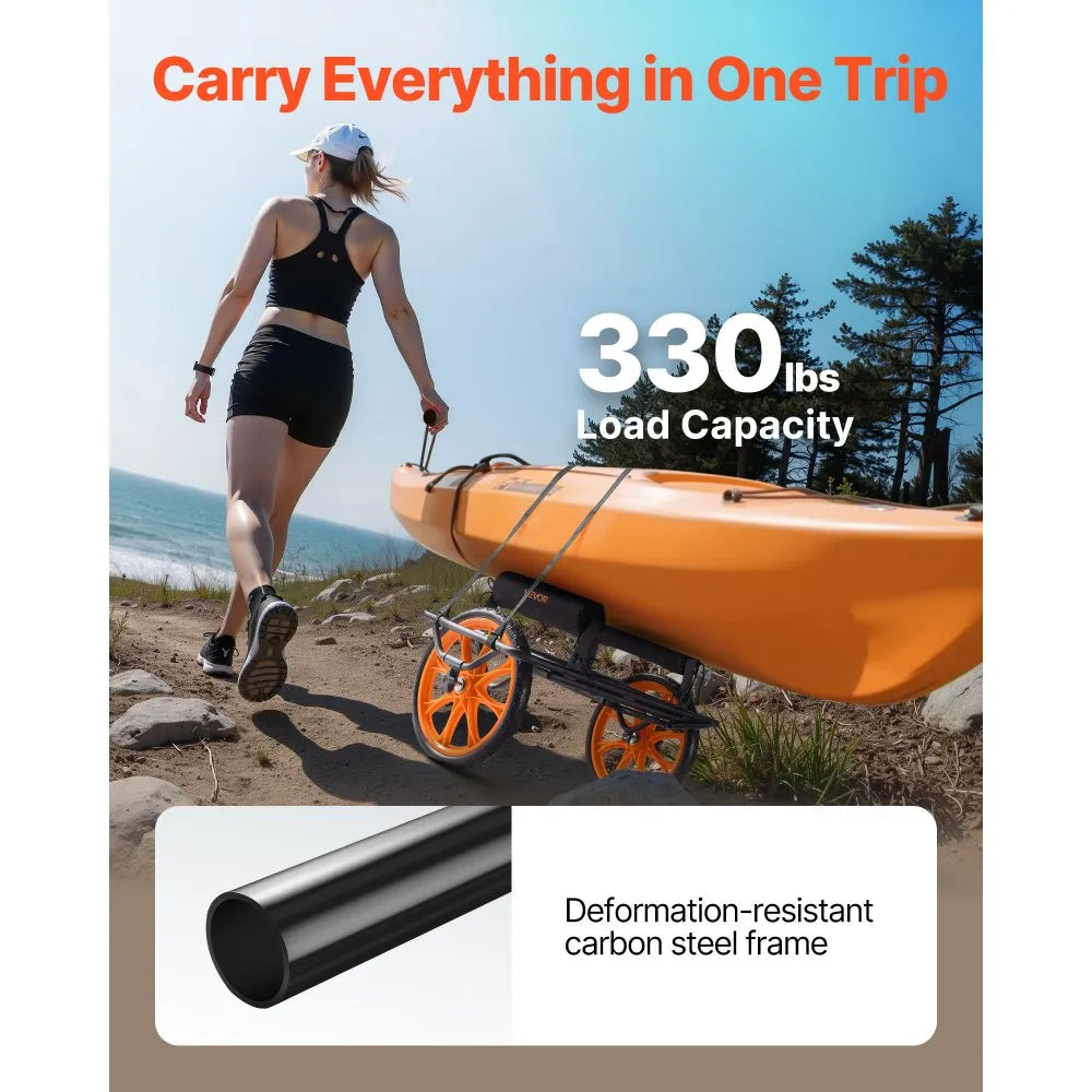 VEVOR Kayak Cart, 330 lbs Load Capacity, Canoe Cart Dolly with 15-inch Solid Rubber Tires & Kickstand, Assembles & Disassembles Within Seconds, Paddle Board Trolley for Kayaks, Canoes, Paddleboards