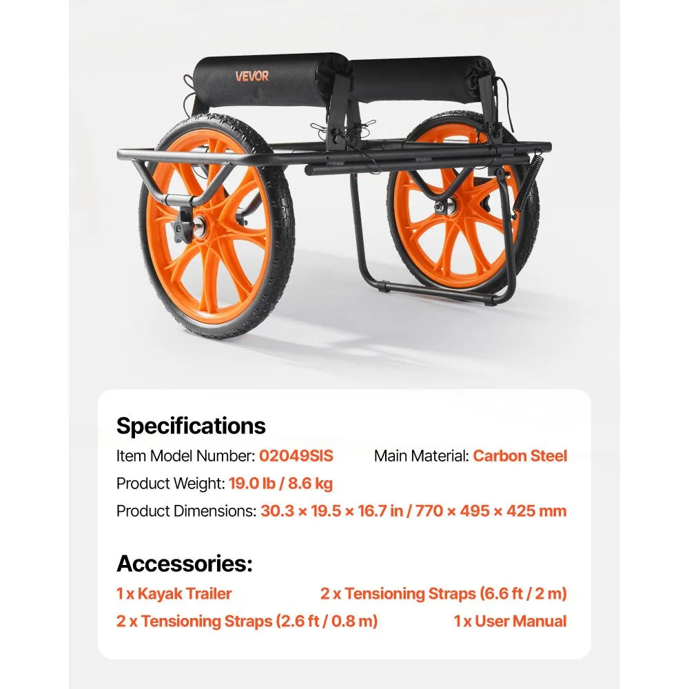 VEVOR Kayak Cart, 330 lbs Load Capacity, Canoe Cart Dolly with 15-inch Solid Rubber Tires & Kickstand, Assembles & Disassembles Within Seconds, Paddle Board Trolley for Kayaks, Canoes, Paddleboards