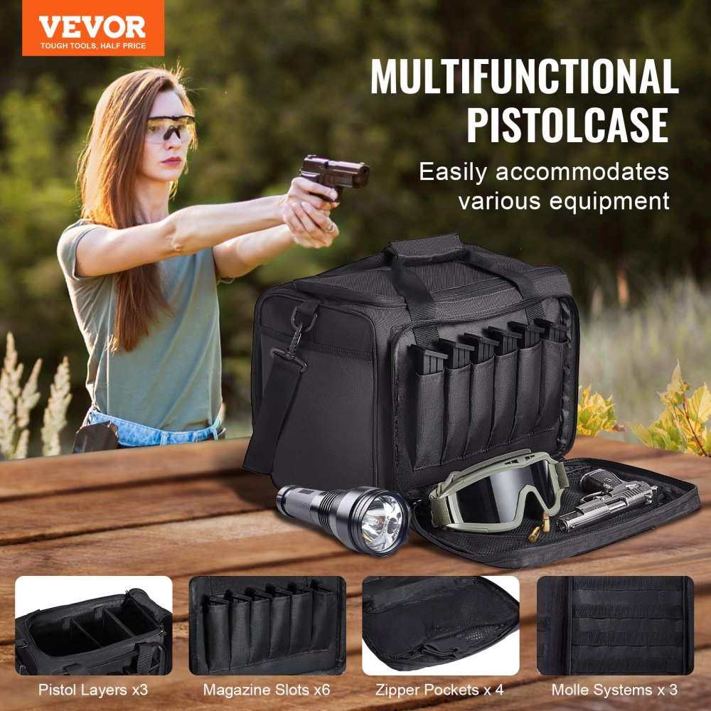 VEVOR Range Bag for 3 Pistols, Tactical Gun Range Bag with 2 Detachable Baffles & 6 Magazines, Firearm Shooting Handgun Bag for Outdoor Hunting Pistol Bag with Single Shoulder Strip, Black