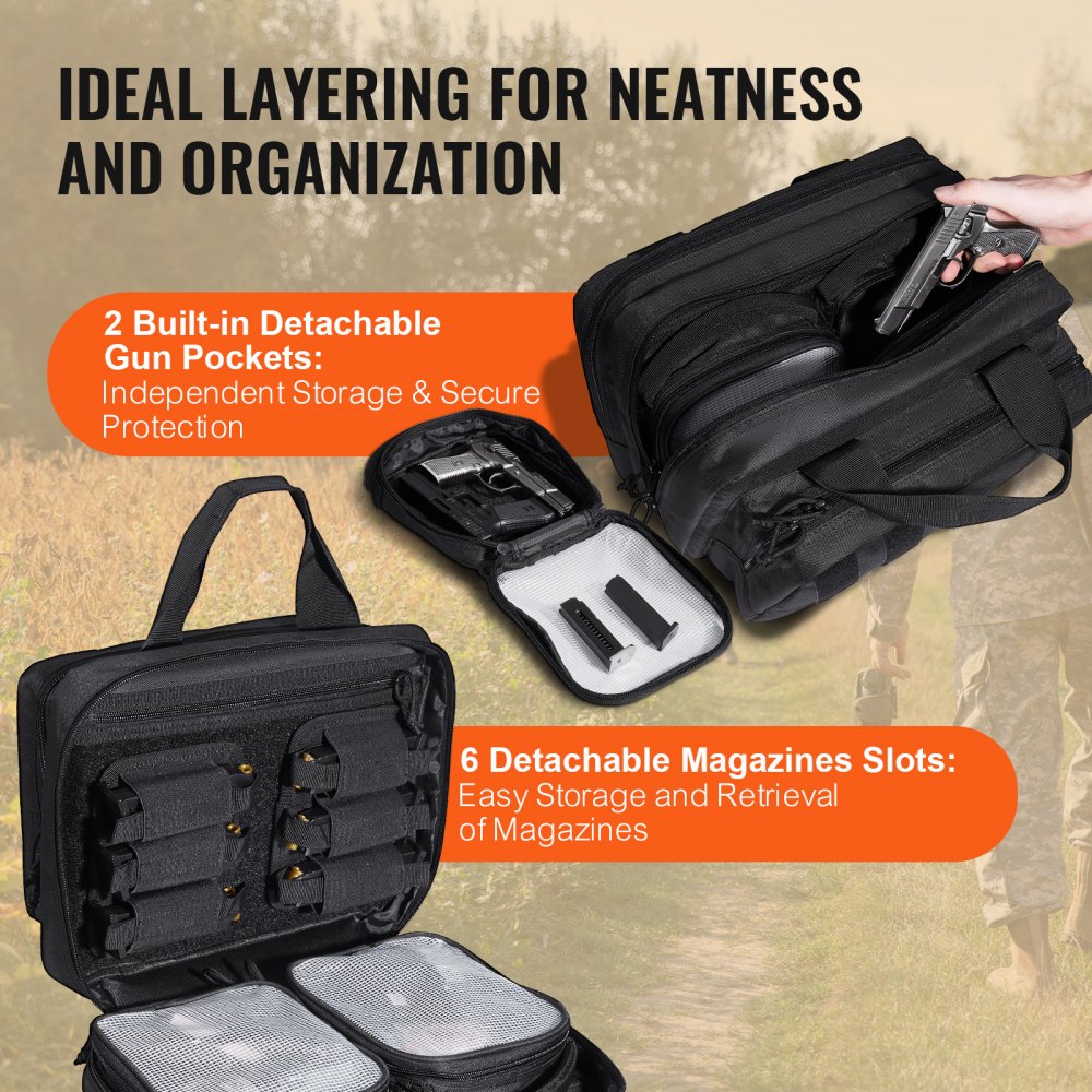VEVOR Range Bag for 2 Pistols, Tactical Gun Bag with 2 Built-in Removable Pistol Bags & 6 Detachable Magazines, Gun Range Bag for Outdoor Hunting Shooting, Lockable Carrying Handgun Bag Case, Black