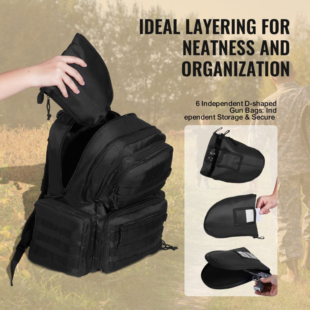 VEVOR Tactical Range Backpack for 6 Pistols, Gun Backpack with 6 Independent Pistol Bags & 10 Magazines, Pistol Backpack for Outdoor Hunting Shooting, Range Bag for Handguns Lockable Zipper, Black