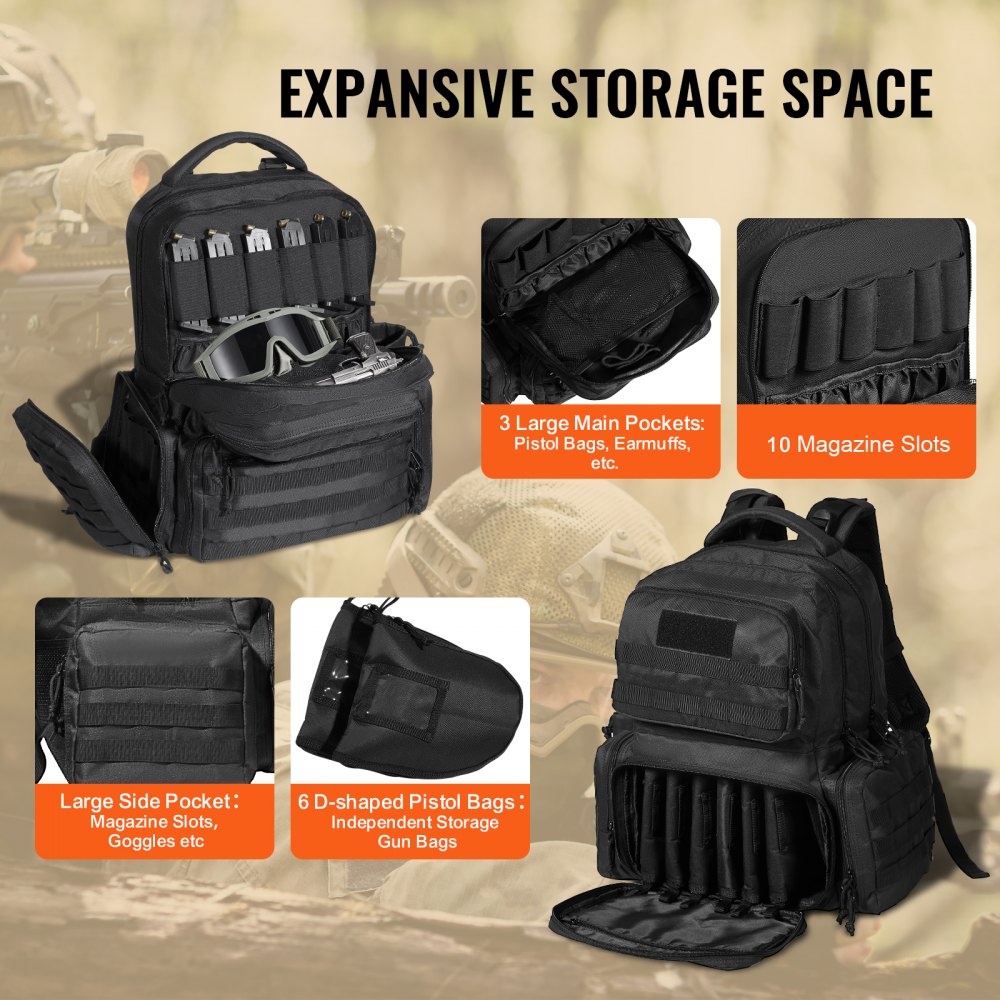 VEVOR Tactical Range Backpack for 6 Pistols, Gun Backpack with 6 Independent Pistol Bags & 10 Magazines, Pistol Backpack for Outdoor Hunting Shooting, Range Bag for Handguns Lockable Zipper, Black