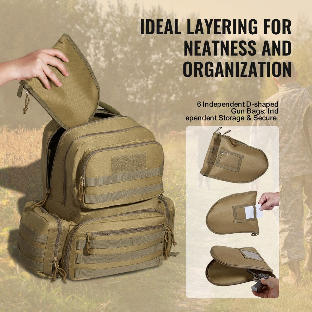 VEVOR Tactical Range Backpack for 6 Pistols, Gun Backpack with 6 Independent Pistol Bags & 10 Magazines, Pistol Backpack for Outdoor Hunting Shooting, Range Bag for Handguns Lockable Zipper,  Brown
